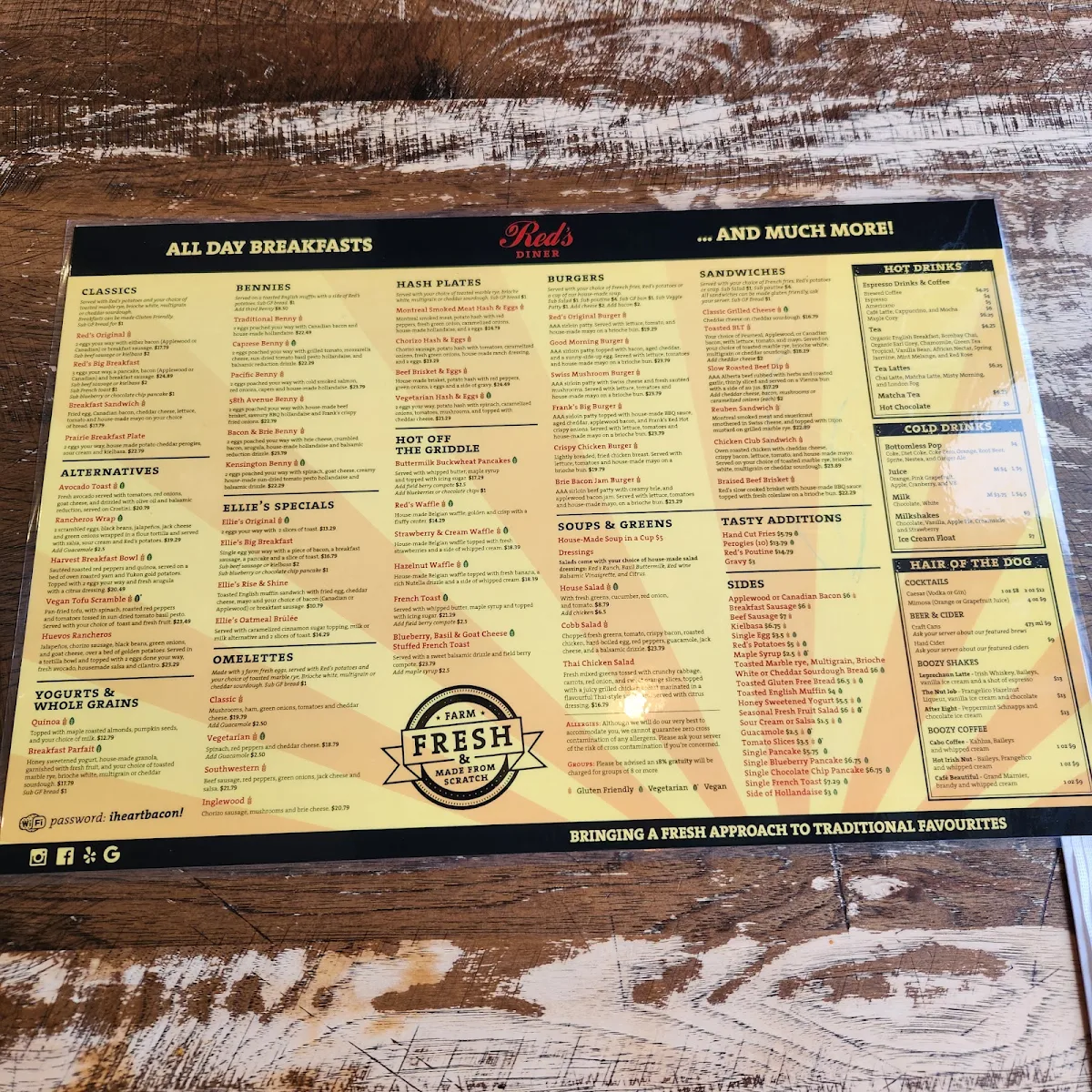 Menu, Red's Diner in Kensington