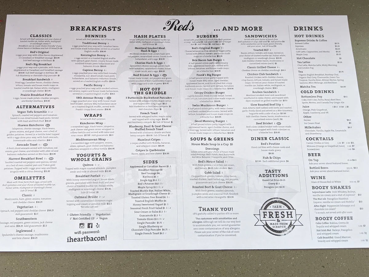 Menu, Red's Diner in Kensington