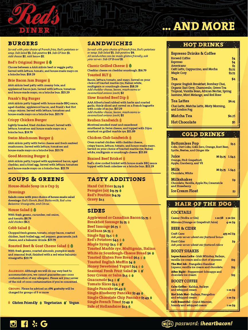 Menu, Red's Diner in Kensington