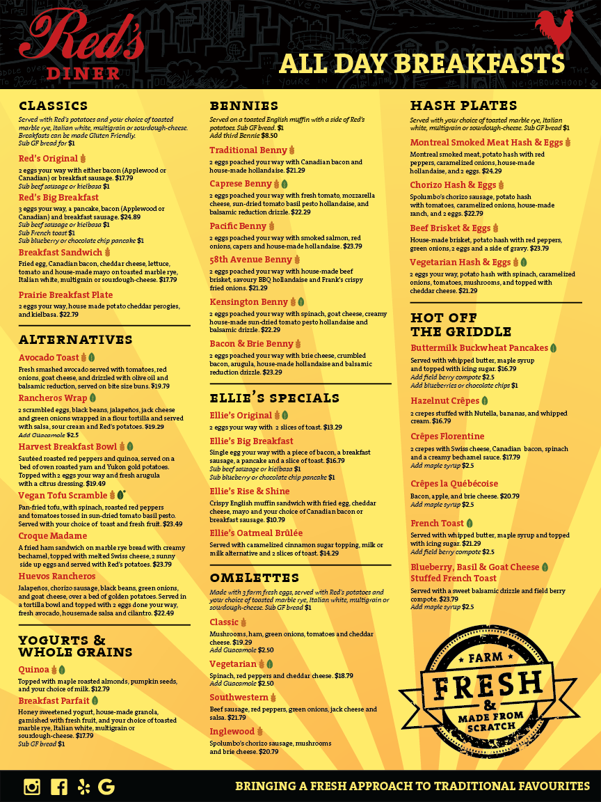 Menu, Red's Diner in Kensington