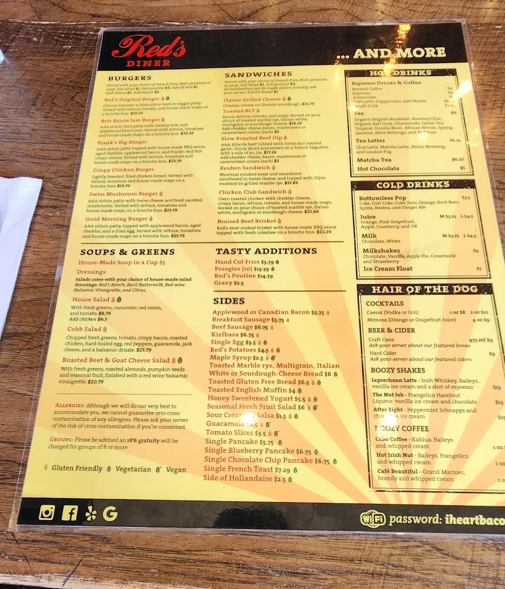 Menu, Red's Diner in Kensington
