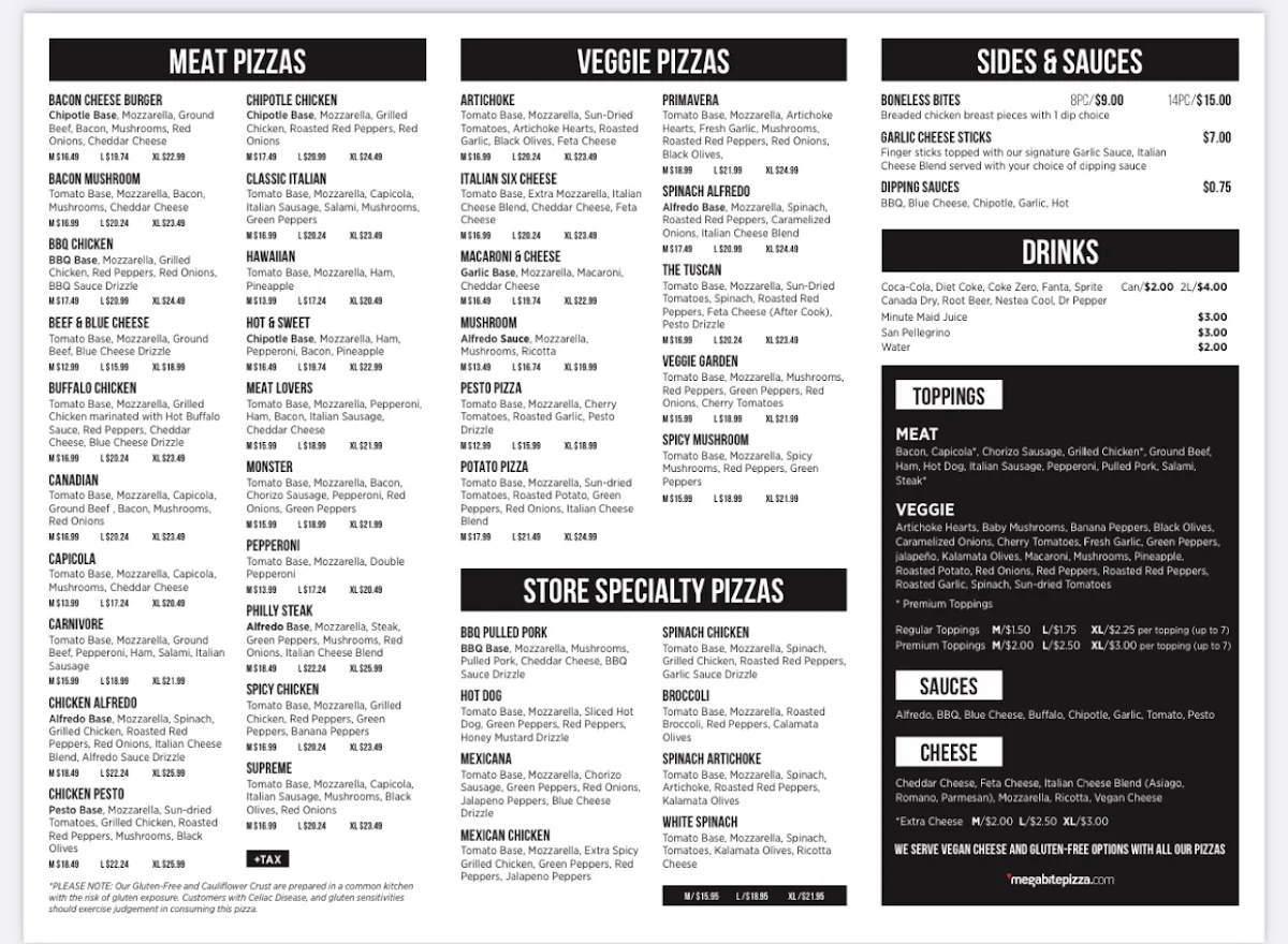 Menu, Megabite Pizza Commercial Drive