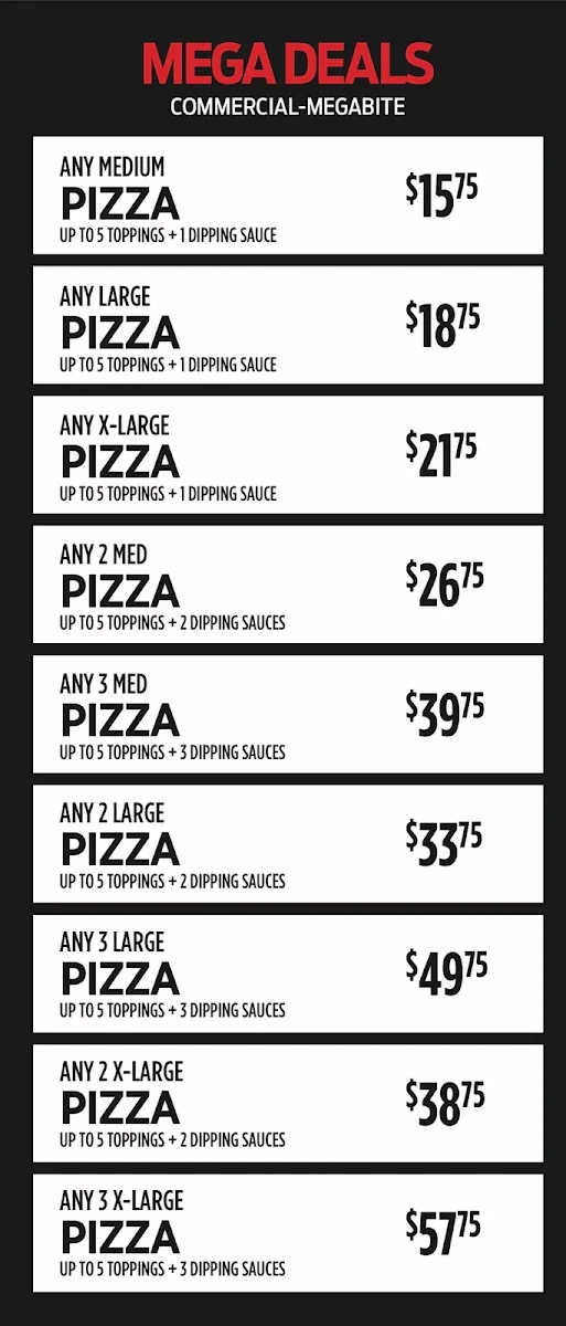 Menu, Megabite Pizza Commercial Drive