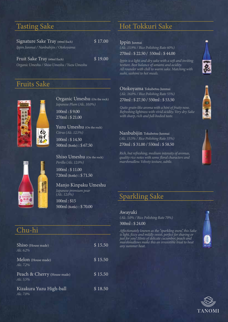 Menu, Tanomi Lidcombe