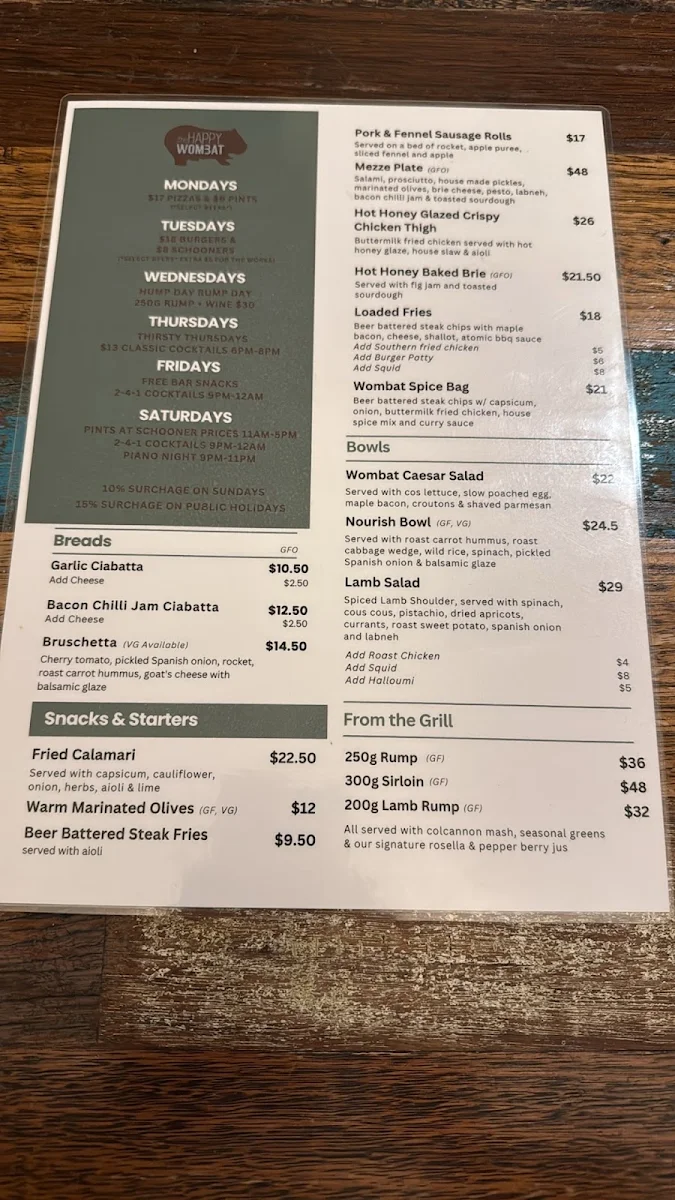 Menu, The Happy Wombat