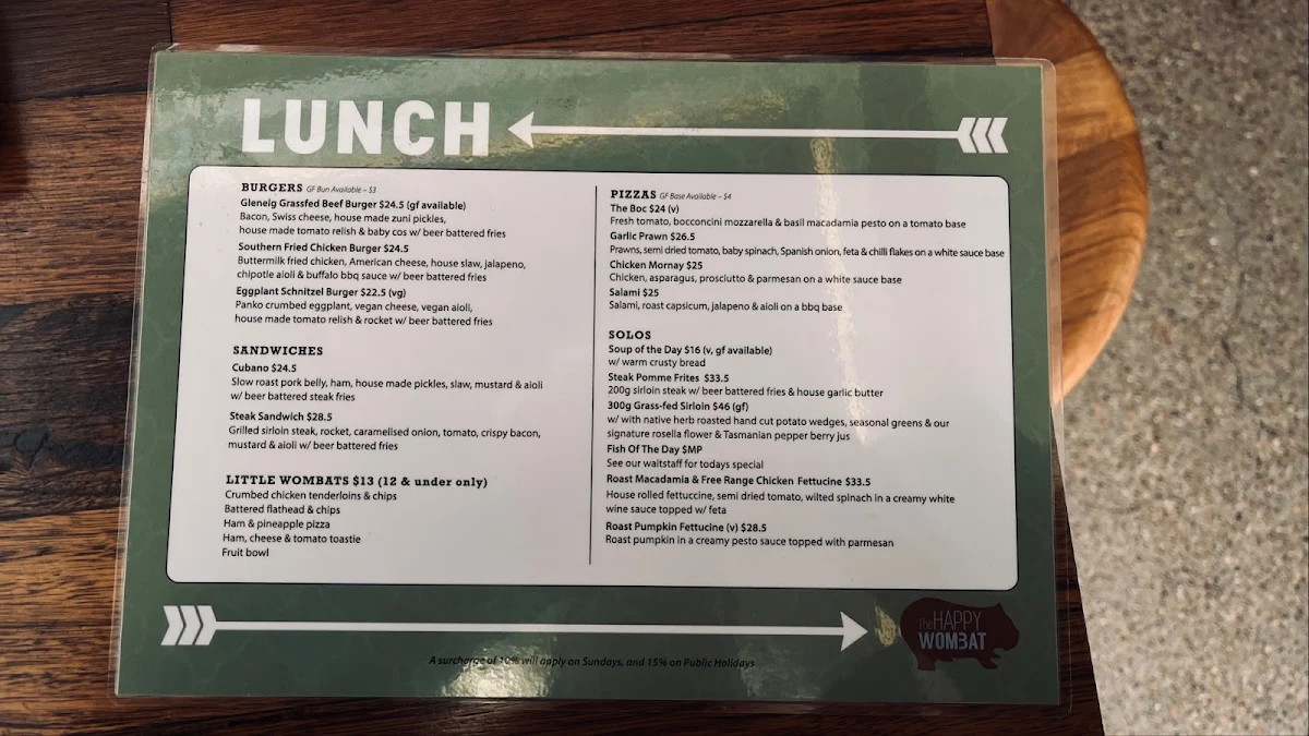 Menu, The Happy Wombat