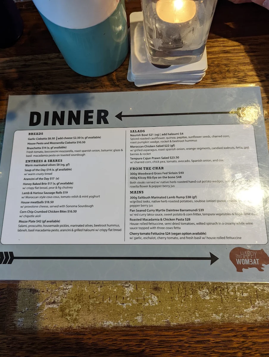 Menu, The Happy Wombat