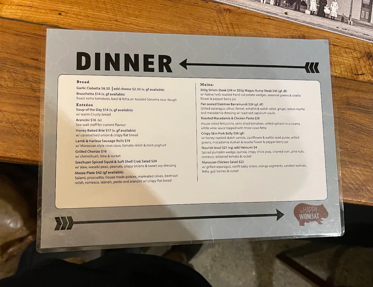 Menu, The Happy Wombat