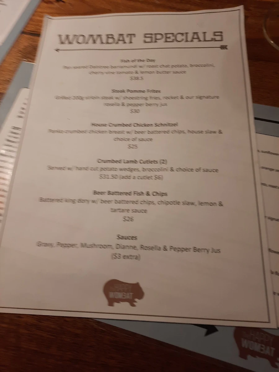 Menu, The Happy Wombat