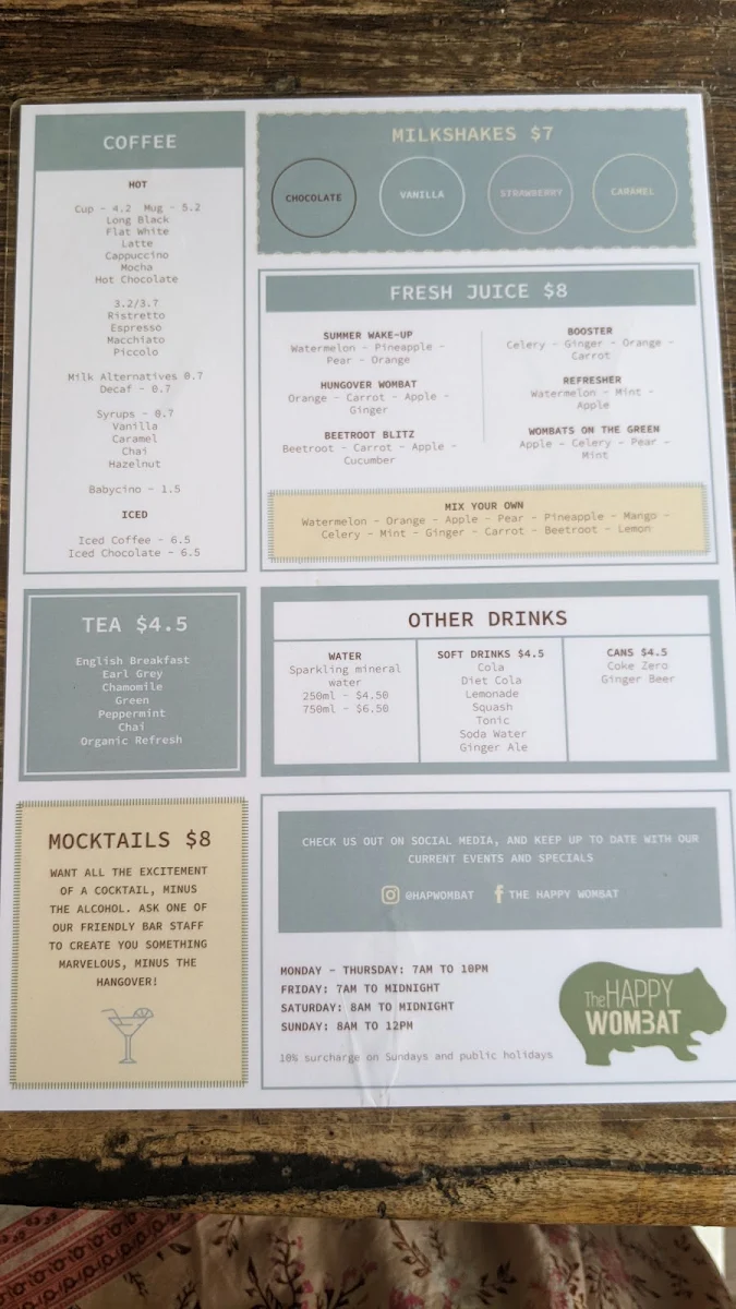Menu, The Happy Wombat