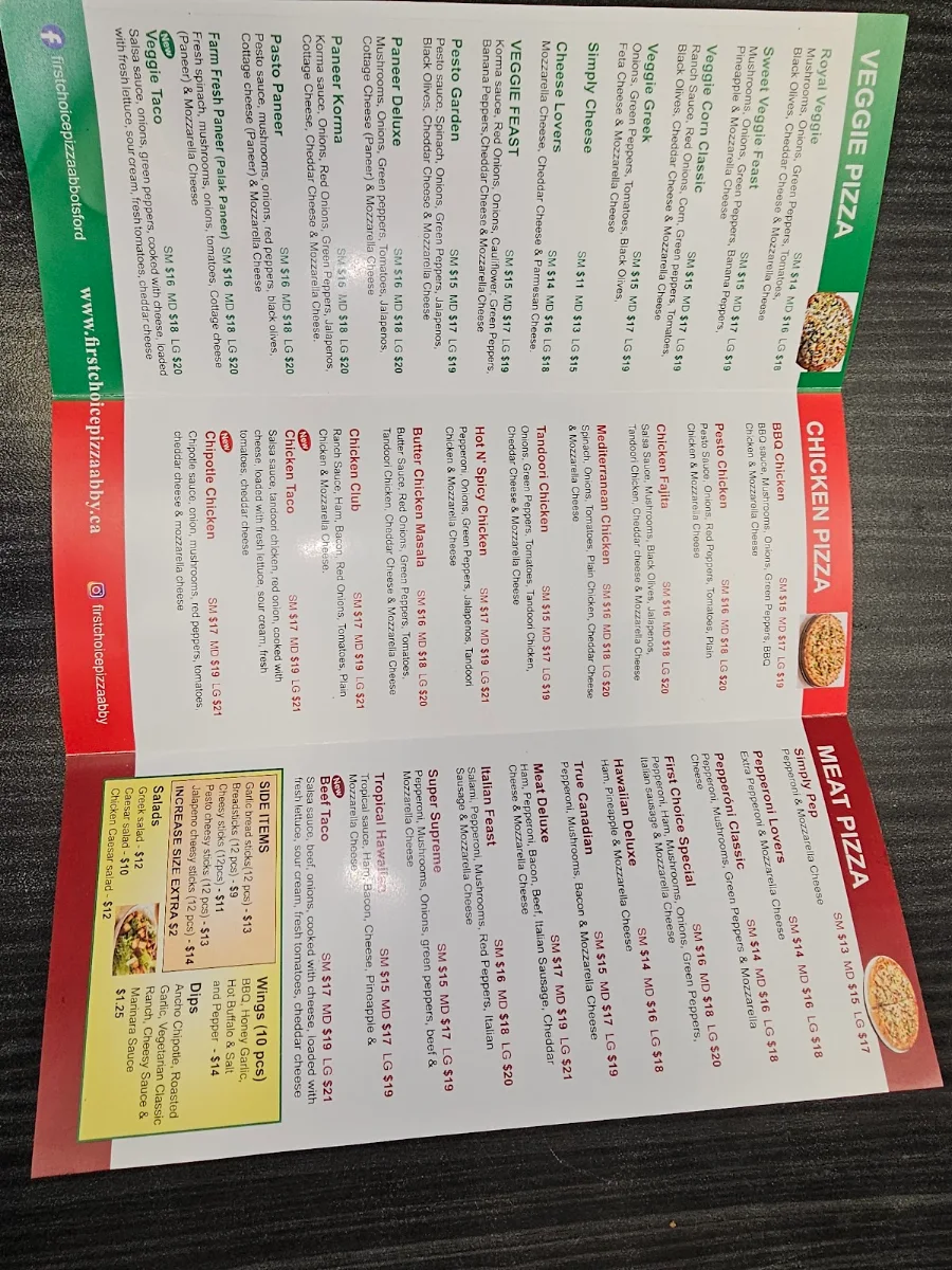Menu, First Choice Pizza Abbotsford