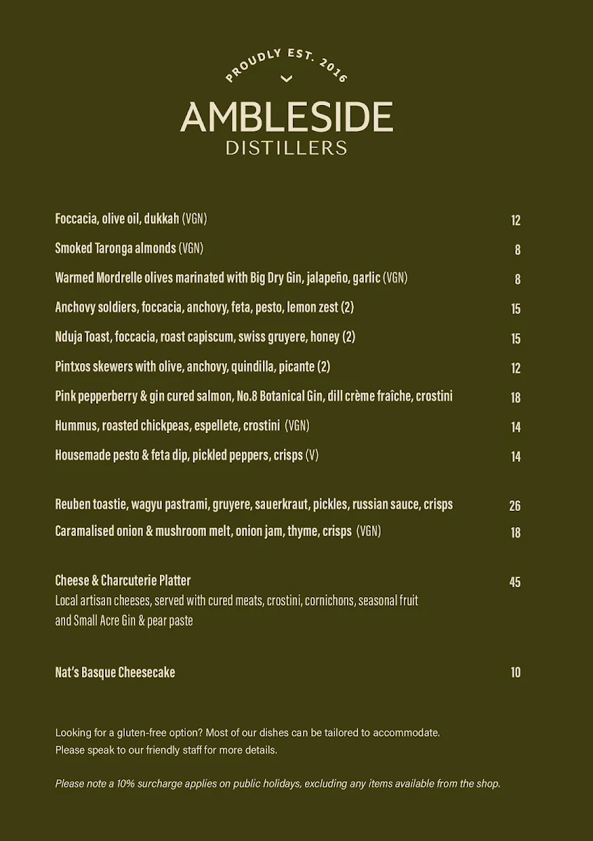 Menu, Ambleside Distillers - Hahndorf