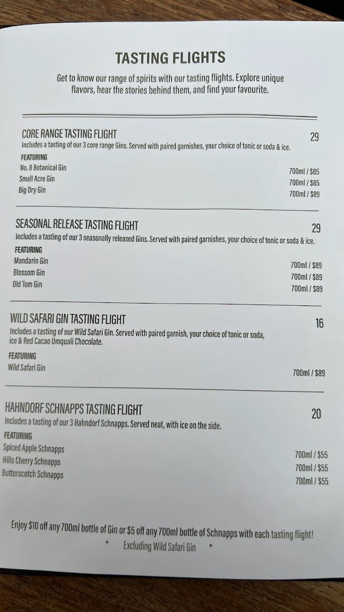 Menu, Ambleside Distillers - Hahndorf