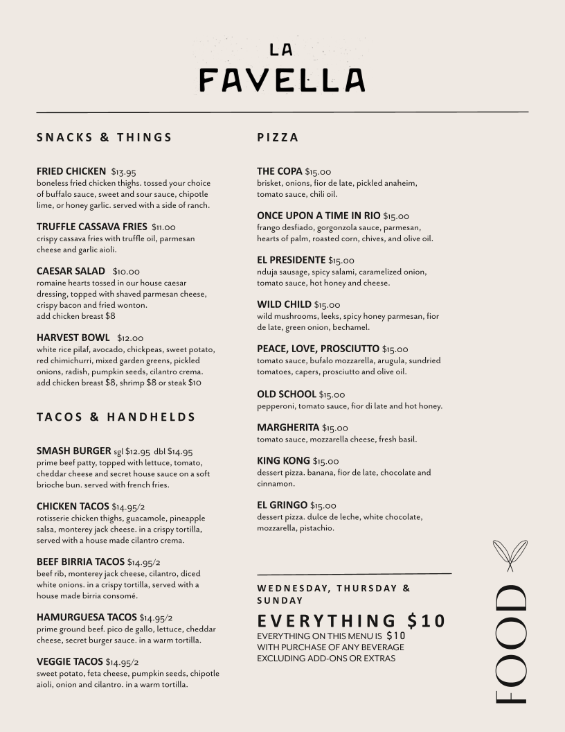 Menu, La Favella