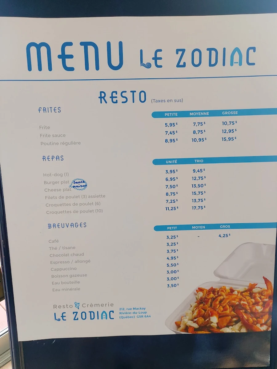 Menu, Le Zodiac Resto Crèmerie
