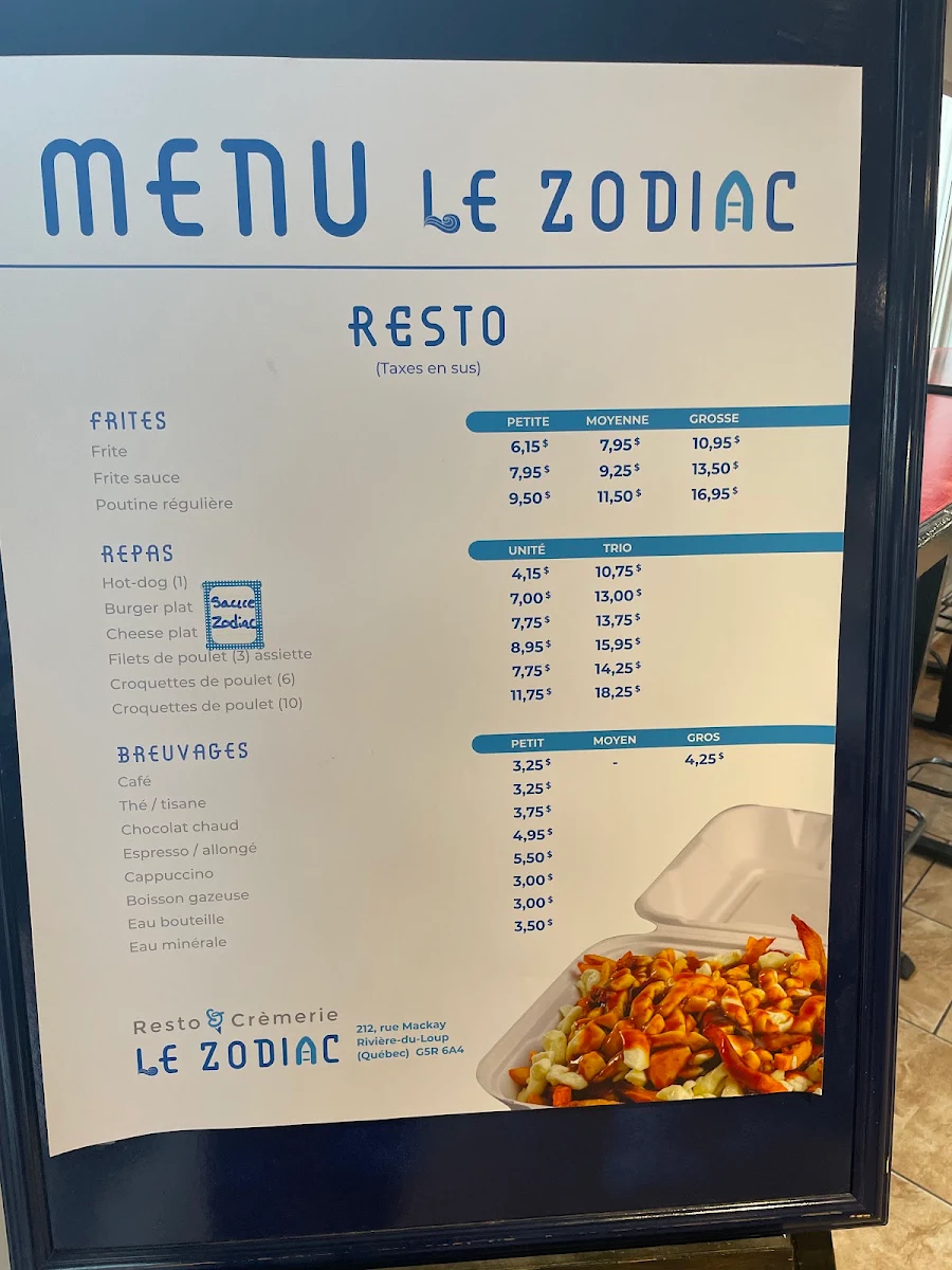 Menu, Le Zodiac Resto Crèmerie