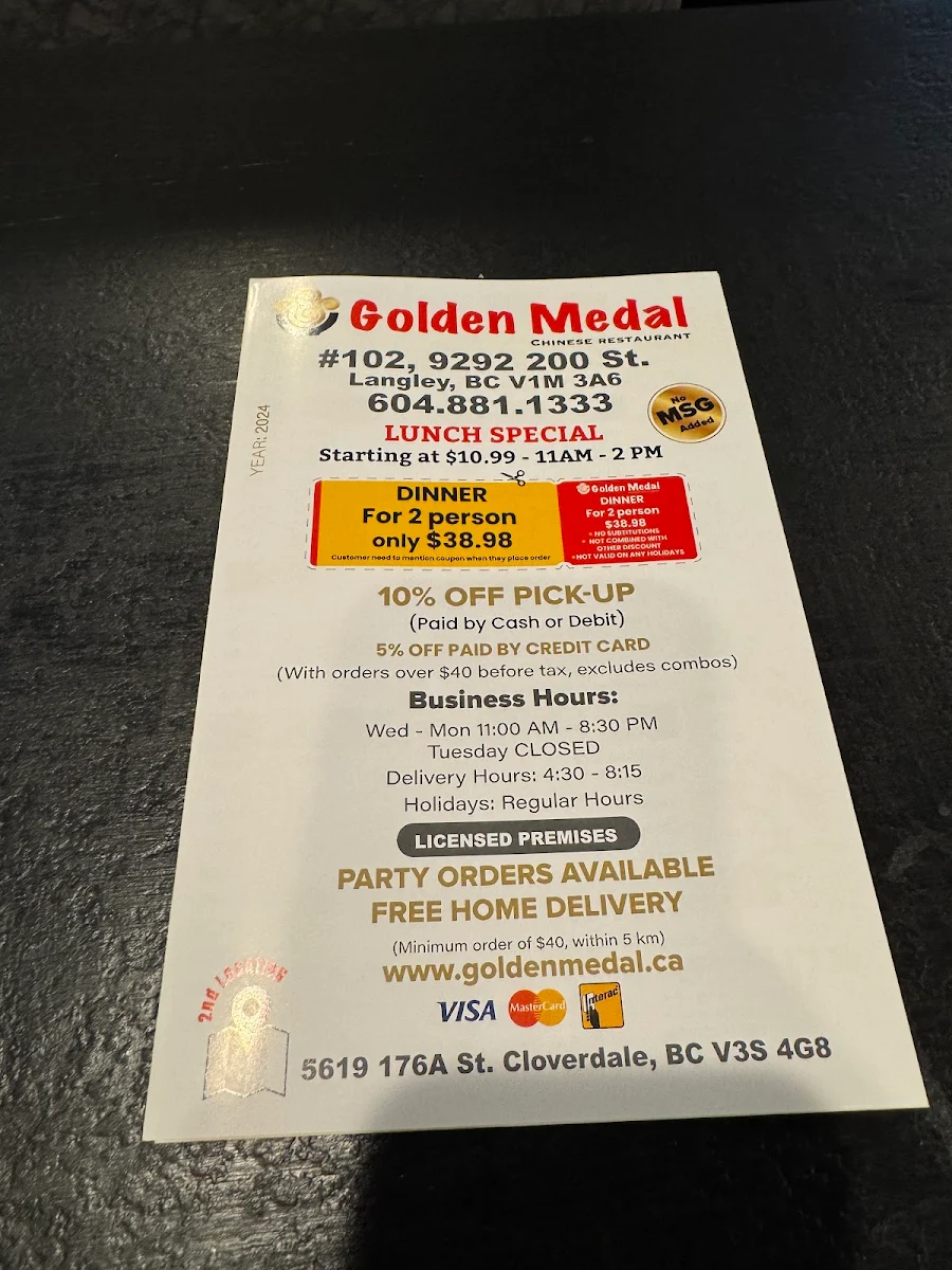 Menu, Golden Medal Chinese Restaurant