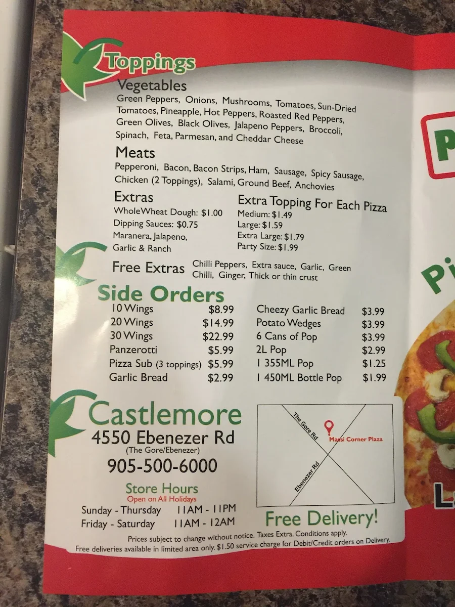 Menu, Pizza Mart