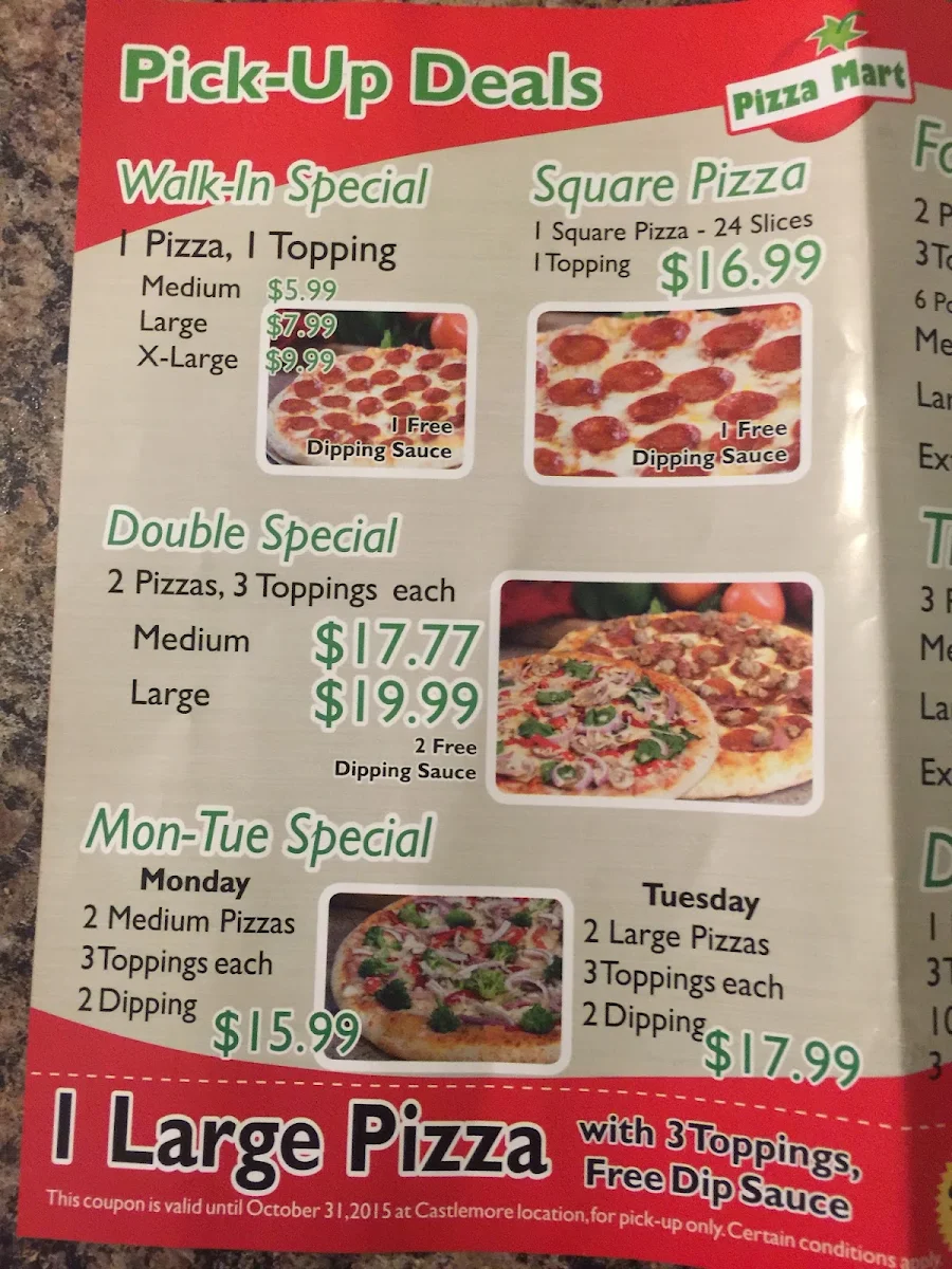 Menu, Pizza Mart