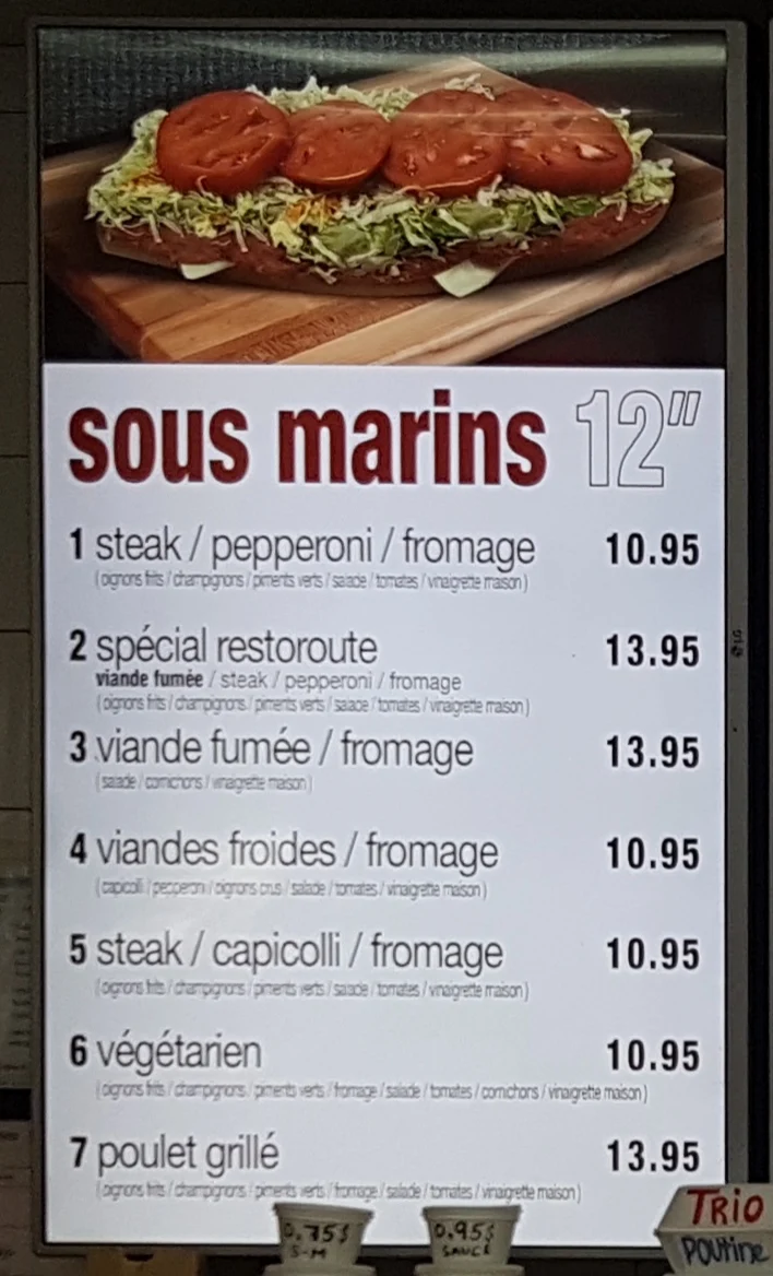 Menu, Restoroute Joliette