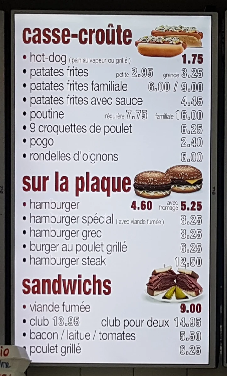 Menu, Restoroute Joliette