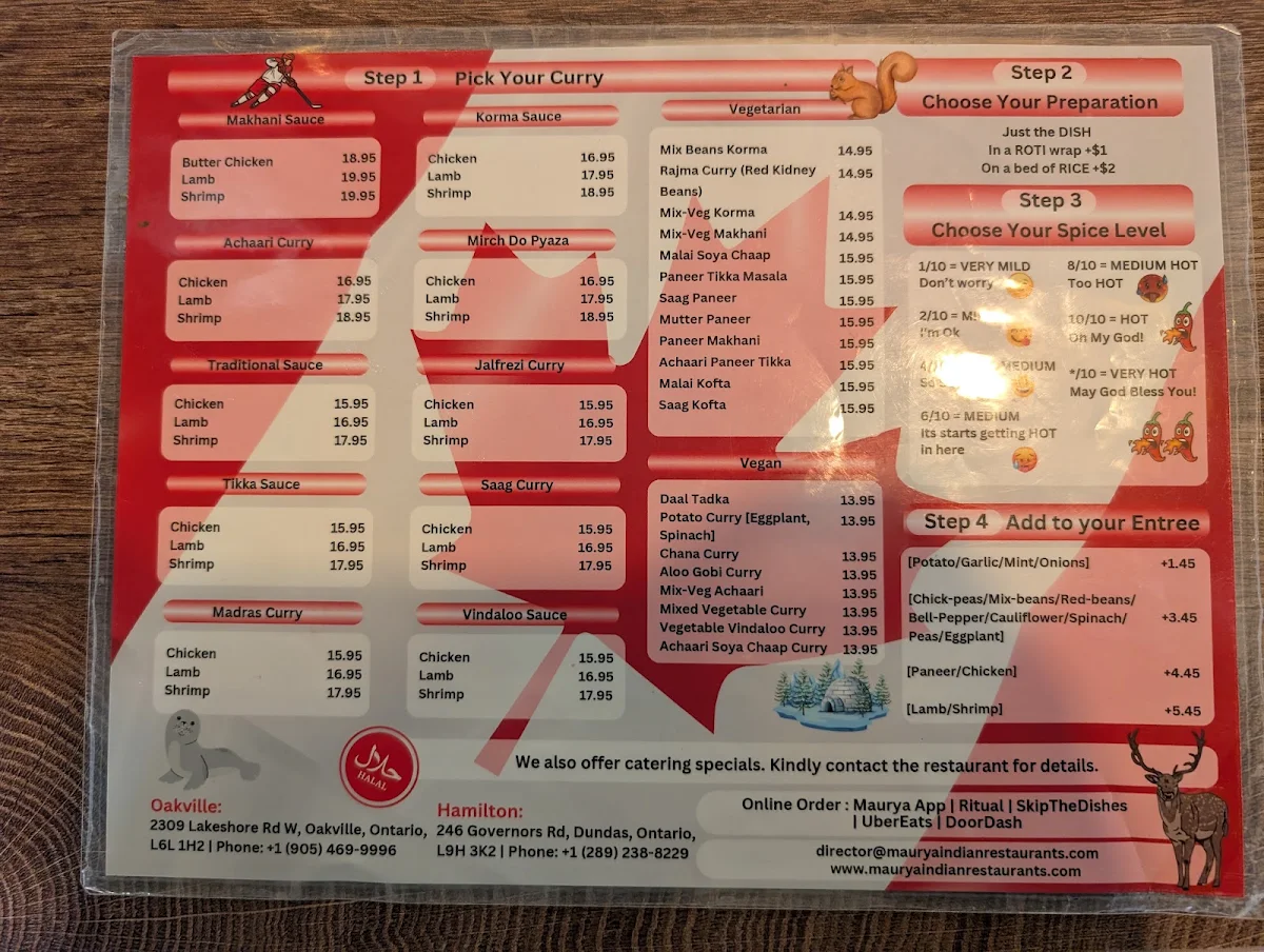 Menu, Maurya Indian Twist (Oakville)