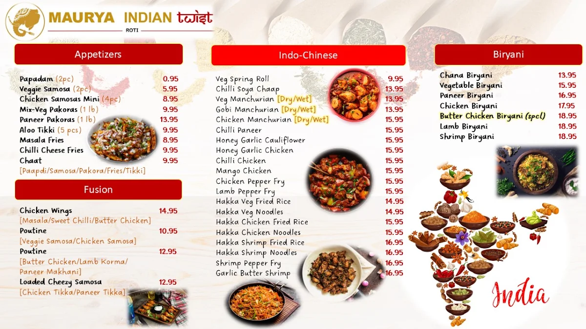 Menu, Maurya Indian Twist (Oakville)