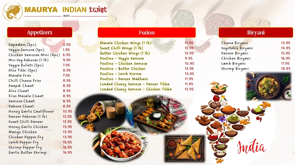 Menu, Maurya Indian Twist (Oakville)