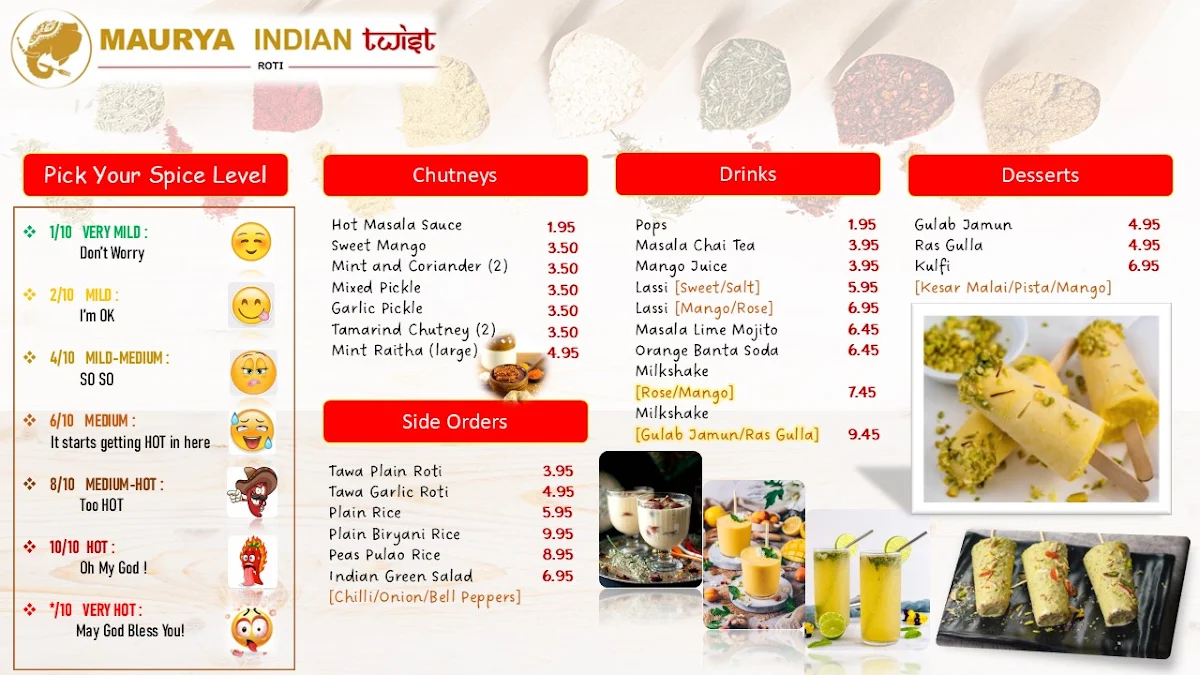 Menu, Maurya Indian Twist (Oakville)