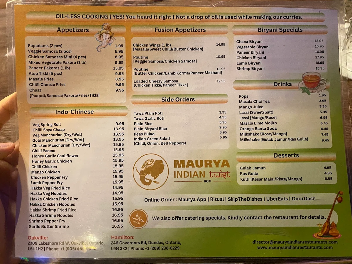 Menu, Maurya Indian Twist (Oakville)