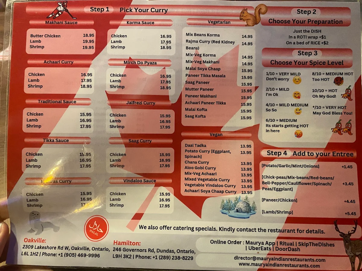 Menu, Maurya Indian Twist (Oakville)