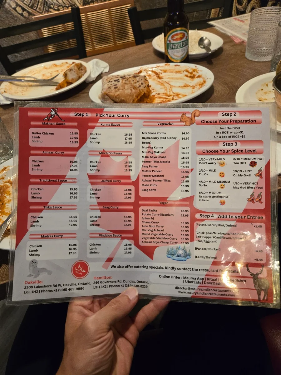 Menu, Maurya Indian Twist (Oakville)