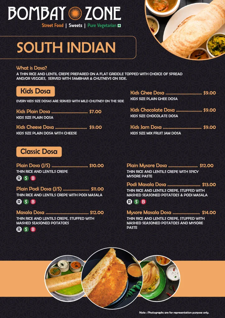 Menu, Bombay Zone Street Food and Sweets Whitby (Pure Vegetarian)