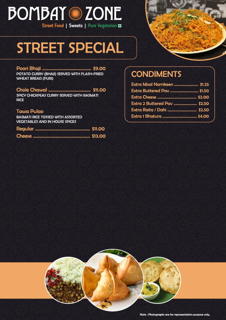 Menu, Bombay Zone Street Food and Sweets Whitby (Pure Vegetarian)