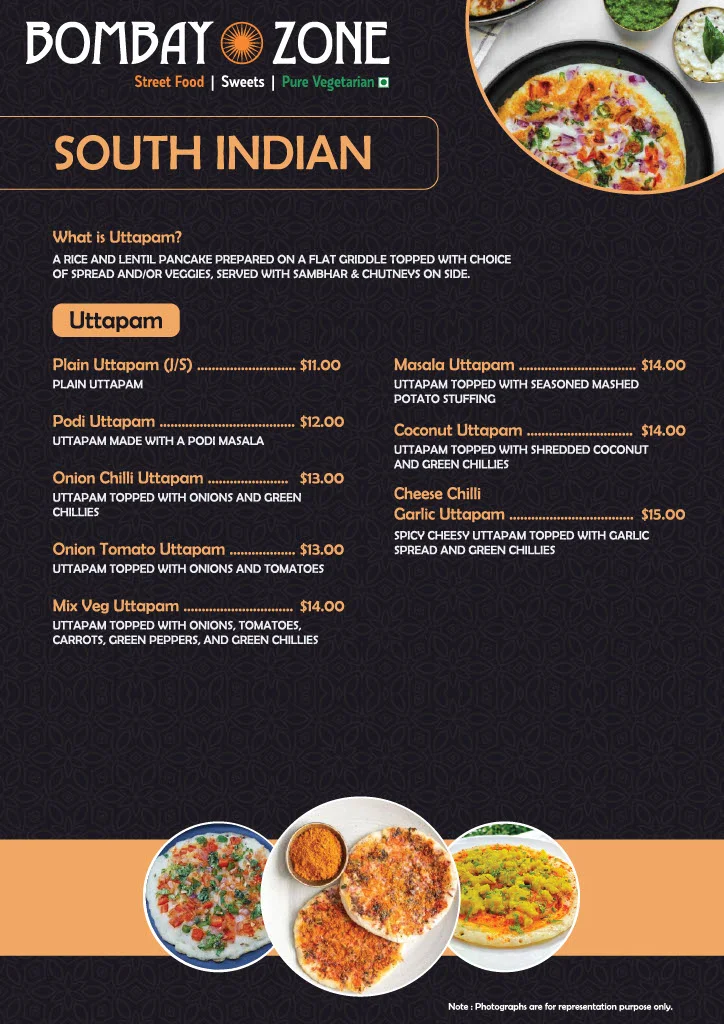 Menu, Bombay Zone Street Food and Sweets Whitby (Pure Vegetarian)