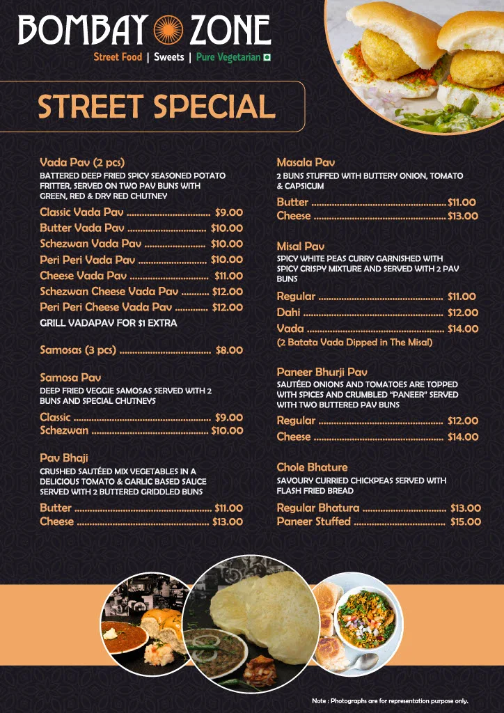 Menu, Bombay Zone Street Food and Sweets Whitby (Pure Vegetarian)