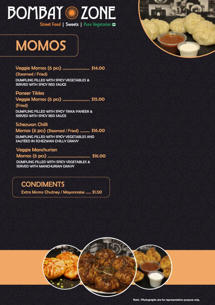 Menu, Bombay Zone Street Food and Sweets Whitby (Pure Vegetarian)