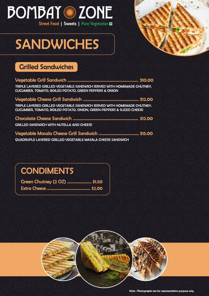 Menu, Bombay Zone Street Food and Sweets Whitby (Pure Vegetarian)