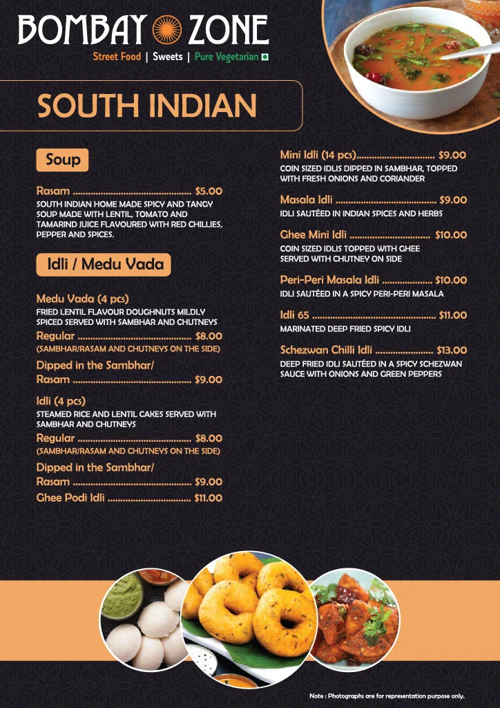 Menu, Bombay Zone Street Food and Sweets Whitby (Pure Vegetarian)