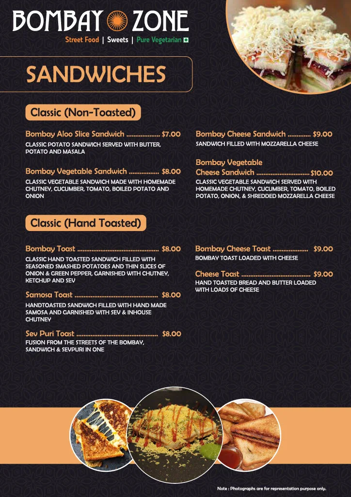 Menu, Bombay Zone Street Food and Sweets Whitby (Pure Vegetarian)
