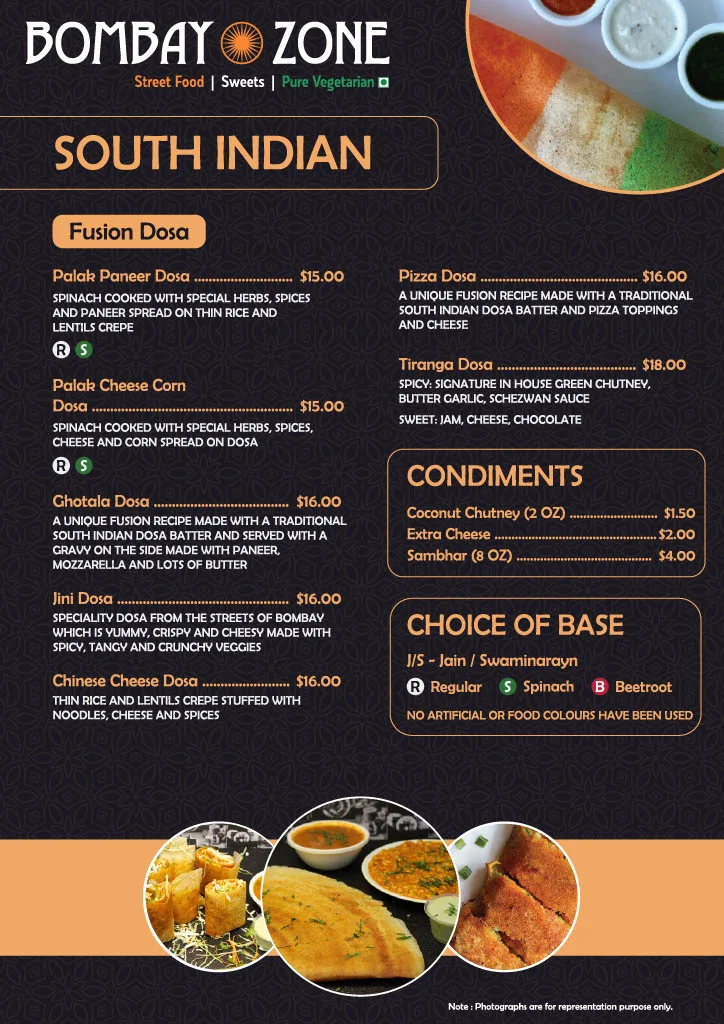 Menu, Bombay Zone Street Food and Sweets Whitby (Pure Vegetarian)