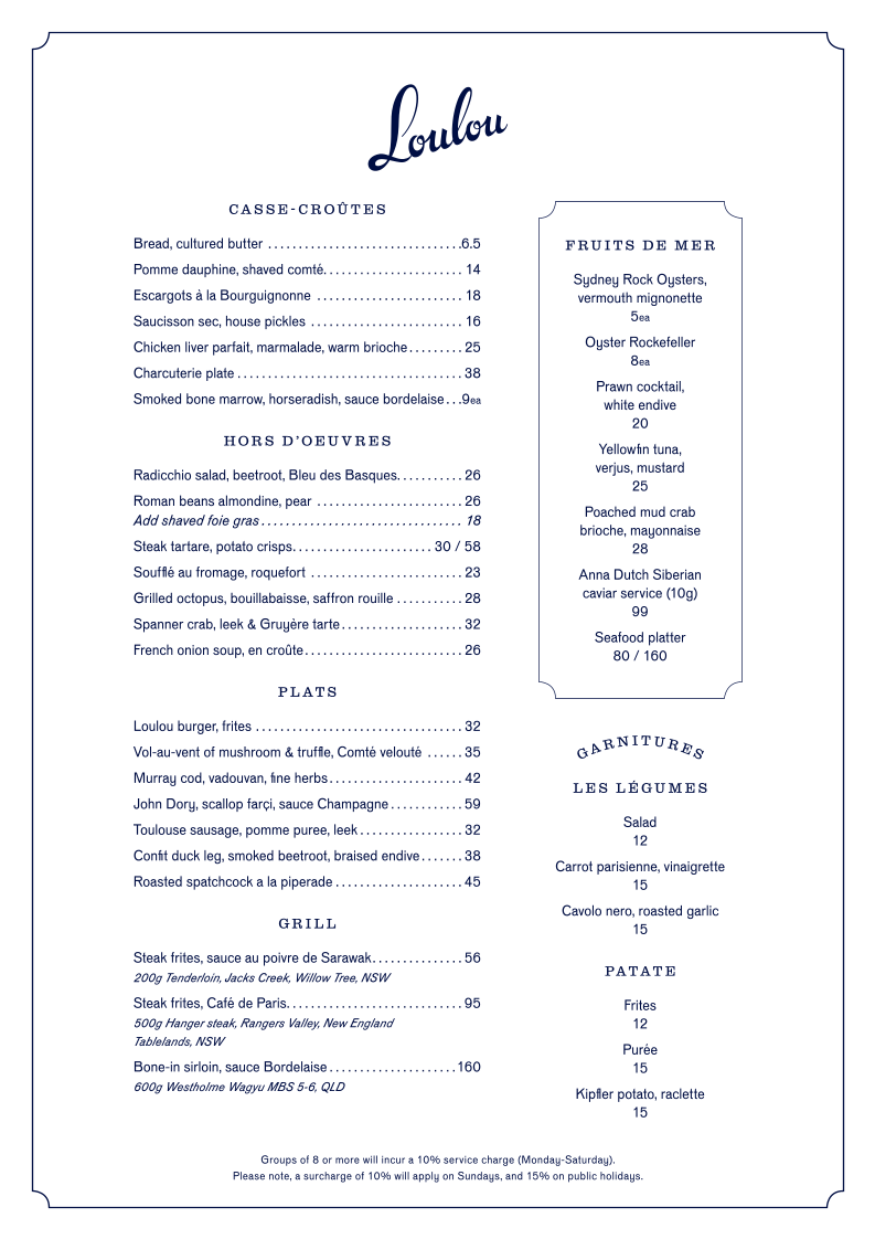 Menu, Loulou Bistro - Martin Place