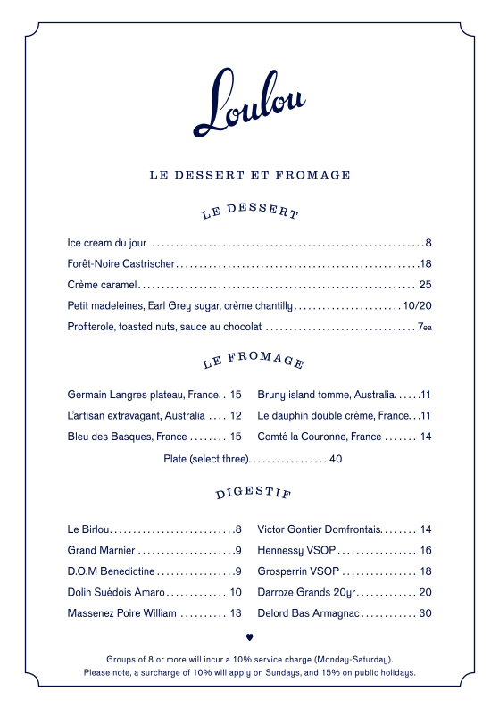 Menu, Loulou Bistro - Martin Place