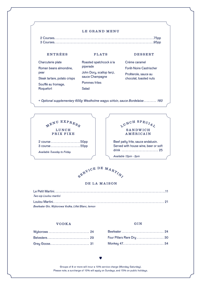 Menu, Loulou Bistro - Martin Place