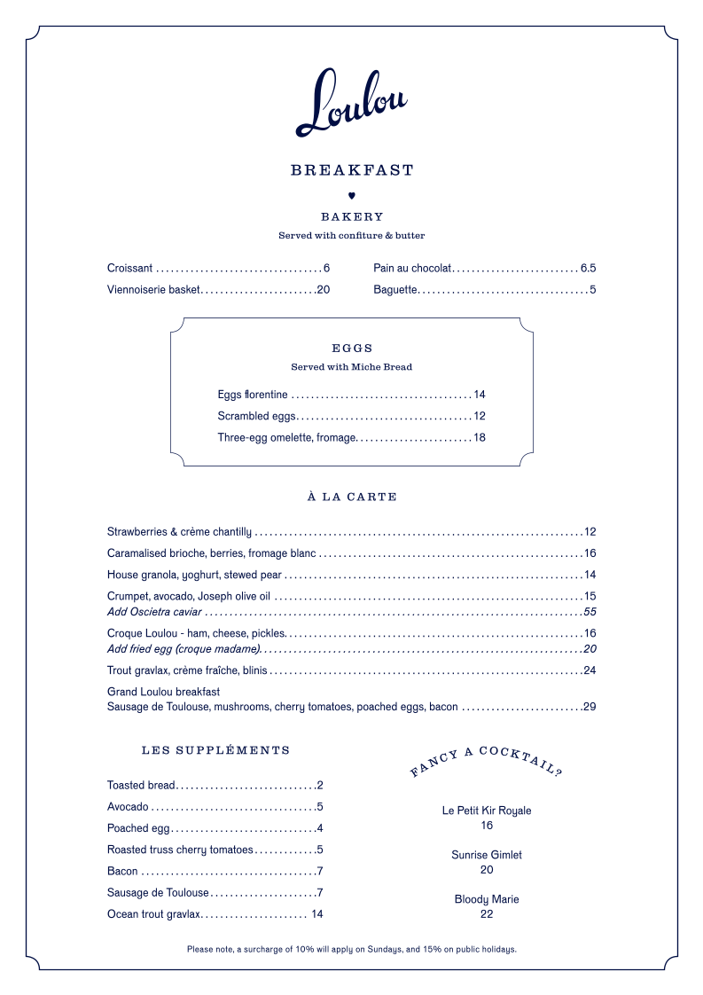 Menu, Loulou Bistro - Martin Place
