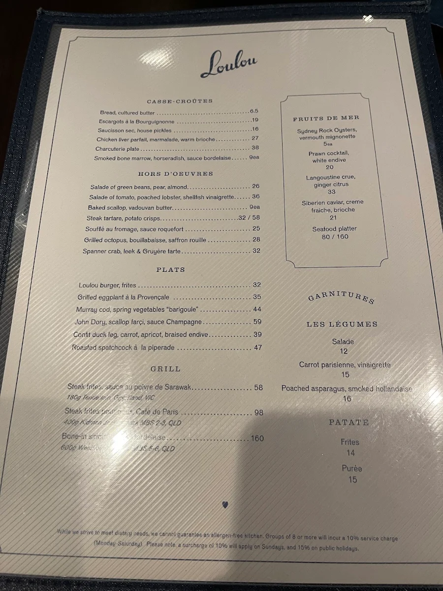 Menu, Loulou Bistro - Martin Place