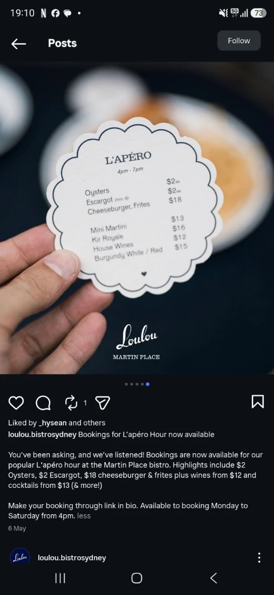 Menu, Loulou Bistro - Martin Place