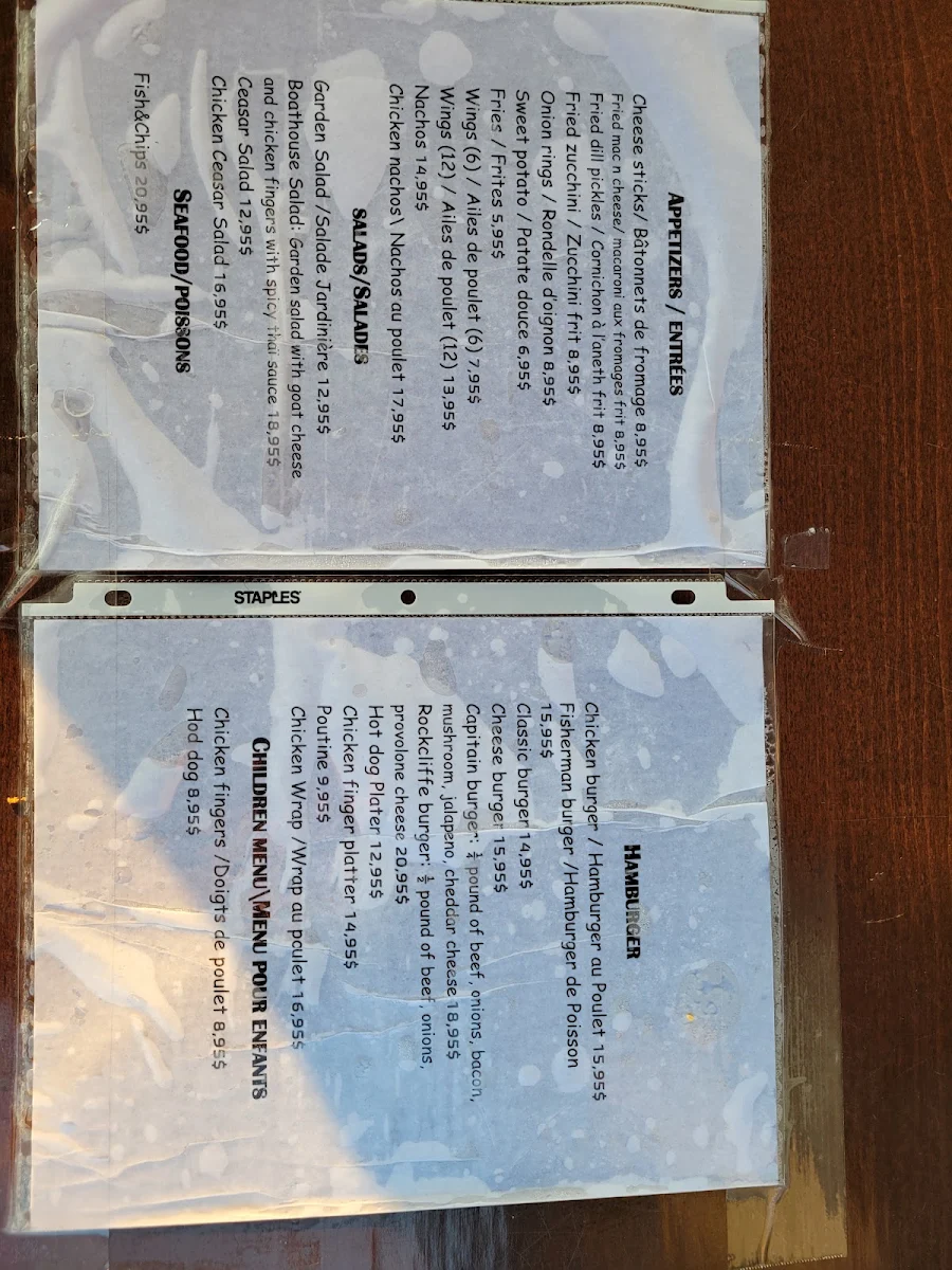 Menu, Rockcliffe Boathouse Restaurant & Marina