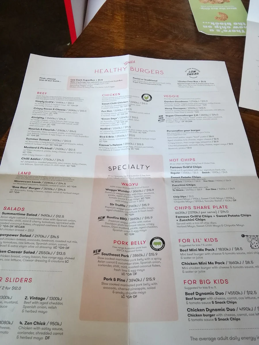 Menu, Grill'd Neutral Bay