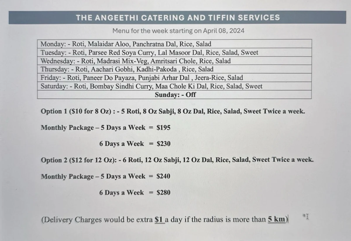 Menu, Angeethi Tiffin and Catering Services